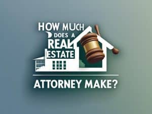 Graphic showing a house silhouette with a gavel and the question "How much does a real estate attorney make?"—visually representing the topic of attorney salary in the real estate industry.