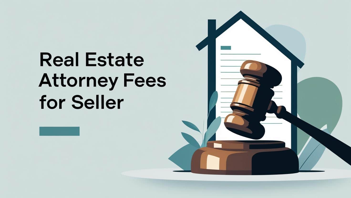 Illustration of a gavel in front of a house contract with text real estate attorney fees for seller, representing legal costs when selling a home.