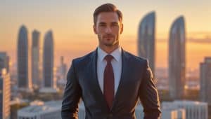 Confident real estate closing lawyer in a suit standing in front of city buildings at sunset, representing legal guidance for smooth property transactions.