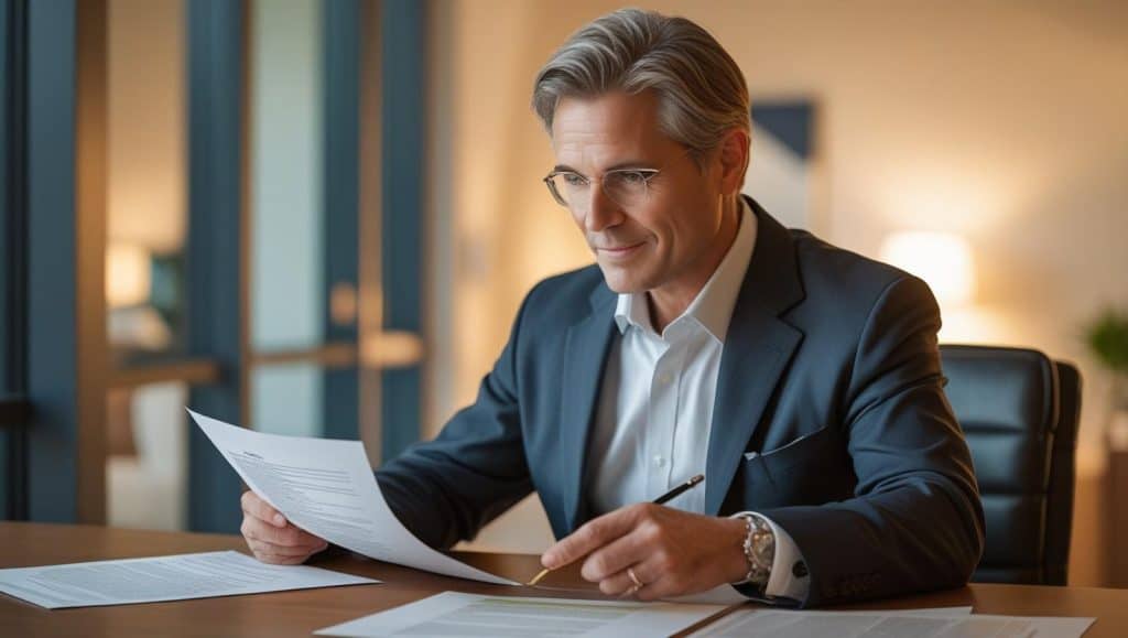 What Does an Estate Attorney Do? Discover How They Protect Your Assets and Legacy 2 Estate attorney in a suit reviewing legal documents at a desk, representing what does an estate attorney do in helping clients with estate planning and probate.