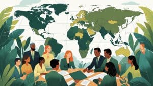 Illustration of diverse professionals meeting at a large table with documents, set against a world map backdrop, symbolizing the Center for International Environmental Law’s global role in environmental justice and policy advocacy.