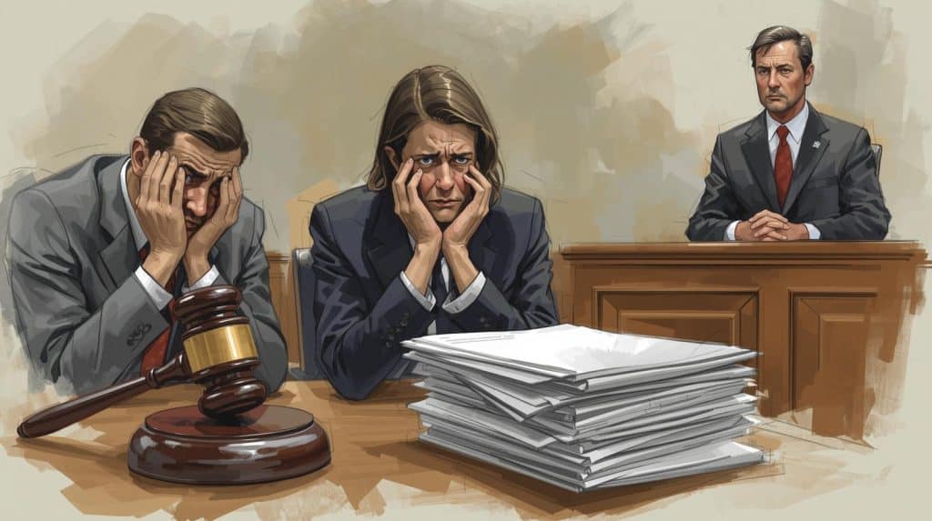 Navigating a Harassment Civil Suit: An Essential Guide 2 Courtroom scene of two distressed men in suits sitting at a desk covered with legal documents, a gavel placed nearby, while a serious judge observes from the bench — symbolizing the challenges of navigating a harassment civil suit.