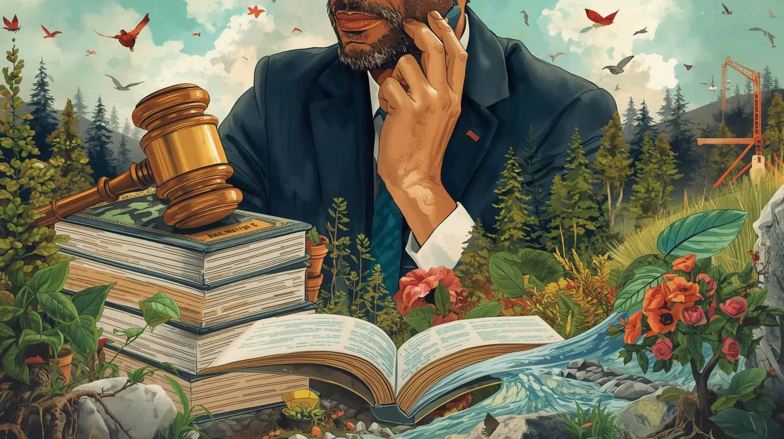 Illustration representing the Environmental Law Institute with symbolic elements of law and nature. A lawyer sits in a suit with legal books, an open law book, and a gavel surrounded by trees, flowers, rivers, and wildlife, highlighting the connection between legal systems and environmental protection.