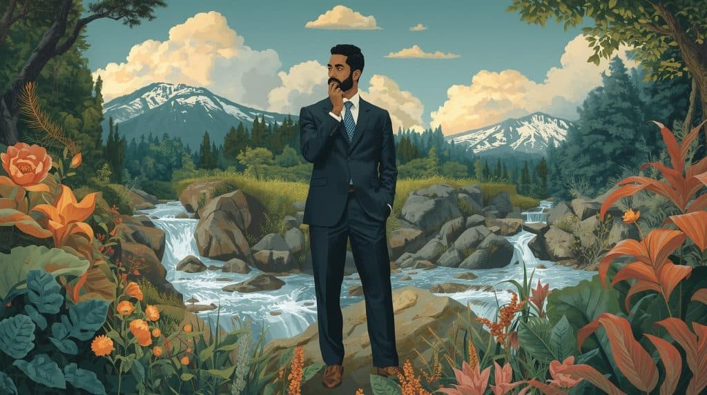 Environmental lawyer standing thoughtfully in a lush natural landscape with mountains, rivers, and forests, symbolizing the Environmental Law Institute’s focus on protecting nature and enforcing environmental law.