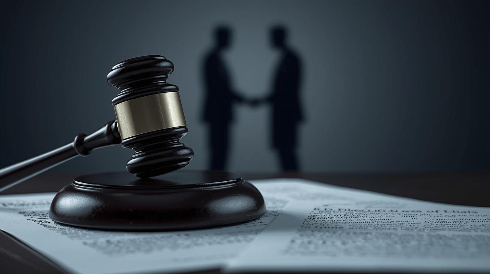 Harassment civil suit concept showing a judge’s gavel on legal documents with the shadow of two people shaking hands in the background, symbolizing resolution and justice.