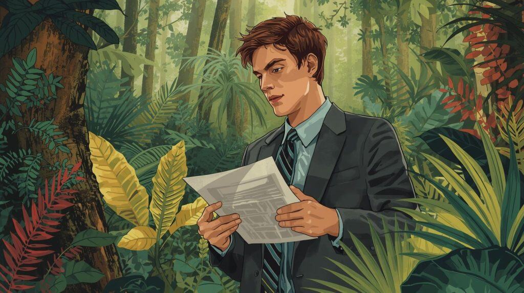 A lawyer in a suit reading documents while standing in a lush green forest, symbolizing the Environmental Law Institute’s mission of combining legal expertise with environmental protection.