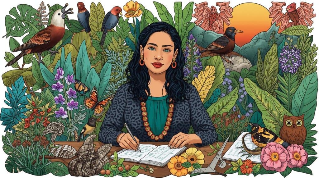 Illustration of a woman surrounded by vibrant nature, birds, and plants while writing in a notebook, symbolizing the Environmental Law Institute’s role in protecting biodiversity and training future leaders in environmental law.