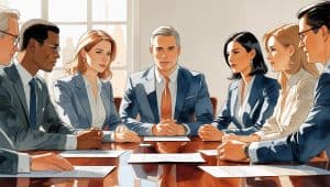 Business professionals in a meeting discussing contracts and finances, representing how much does a business lawyer cost for company legal services.