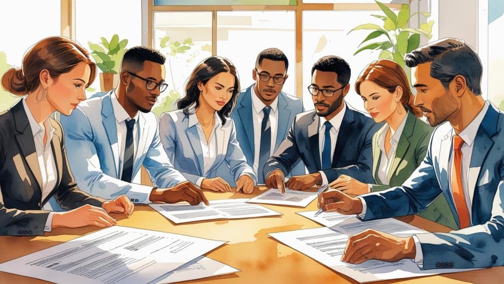 How Much Does a Business Lawyer Cost? A Practical Pricing Guide 1 Group of business lawyers in a meeting discussing contracts and agreements, highlighting how much does a business lawyer cost.