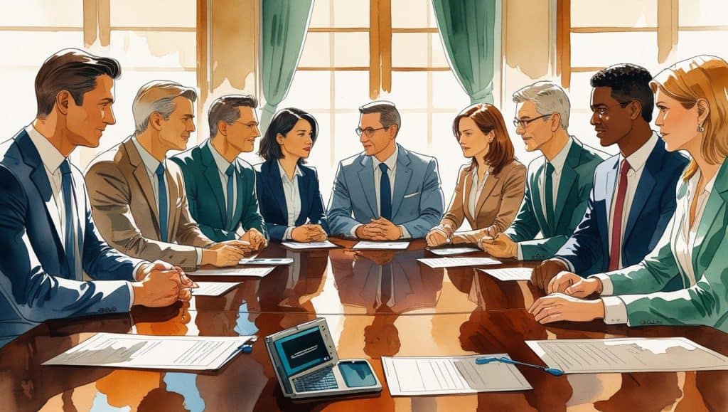 How Much Does a Business Lawyer Cost? A Practical Pricing Guide 2 A group of business lawyers in suits meeting around a large conference table, discussing documents, representing the concept of how much does a business lawyer cost.
