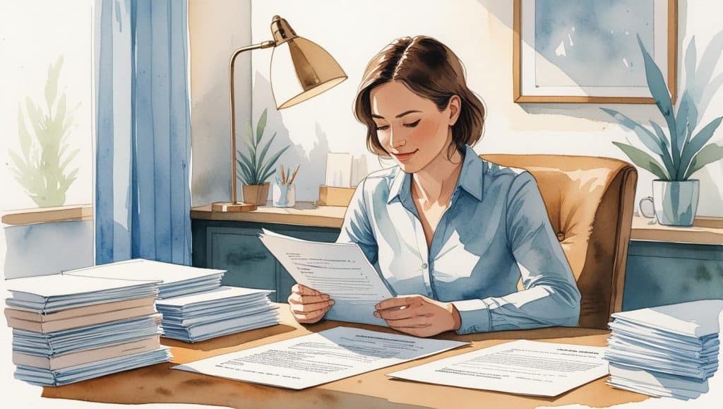 Simple Steps on How to Get a Legal Separation Without a Lawyer 2 Smiling woman reviewing paperwork at her desk surrounded by legal documents, representing how to get a legal separation without a lawyer by organizing and finalizing the required forms independently.